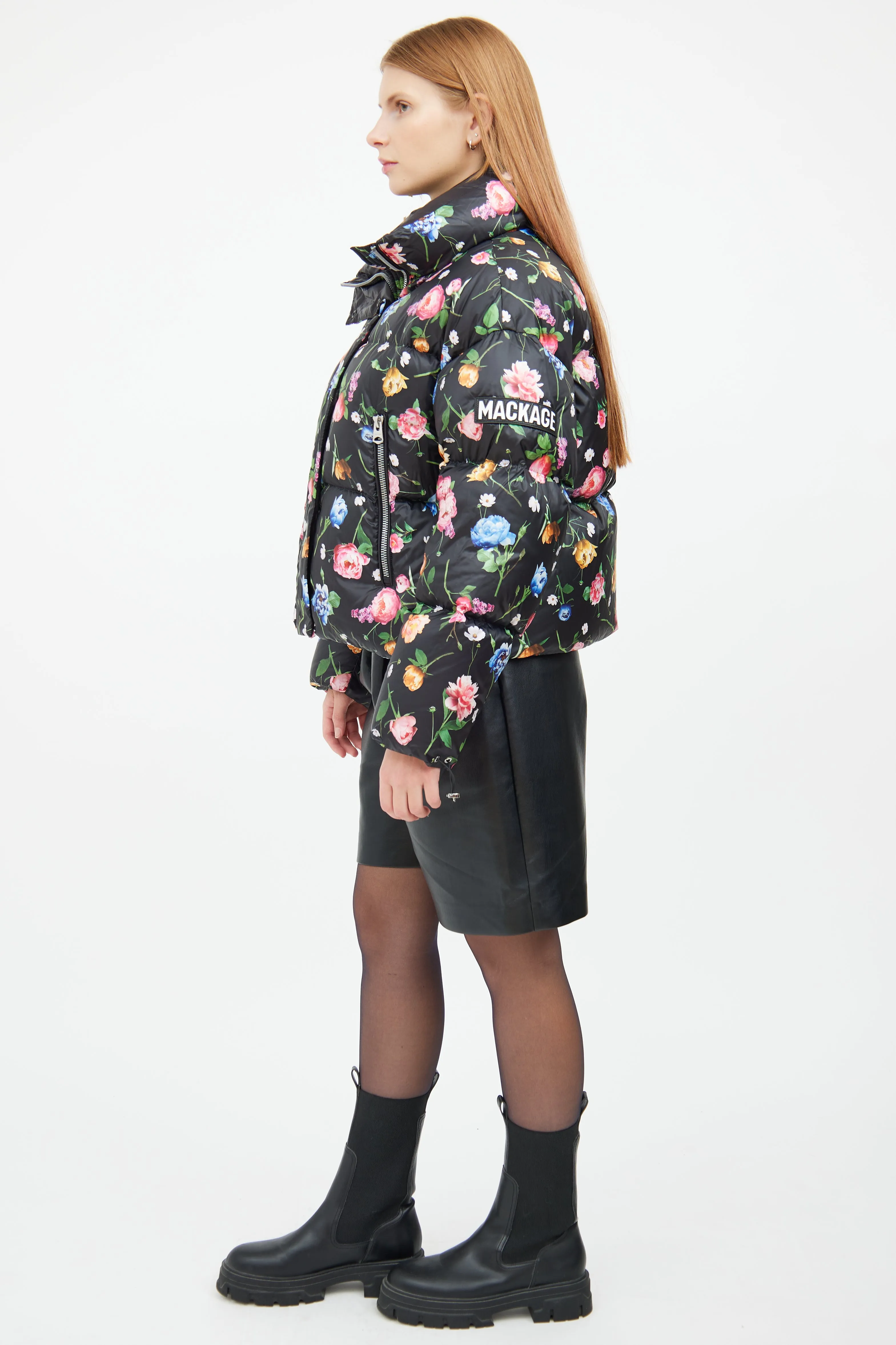 Black Floral Down Zip Jacket