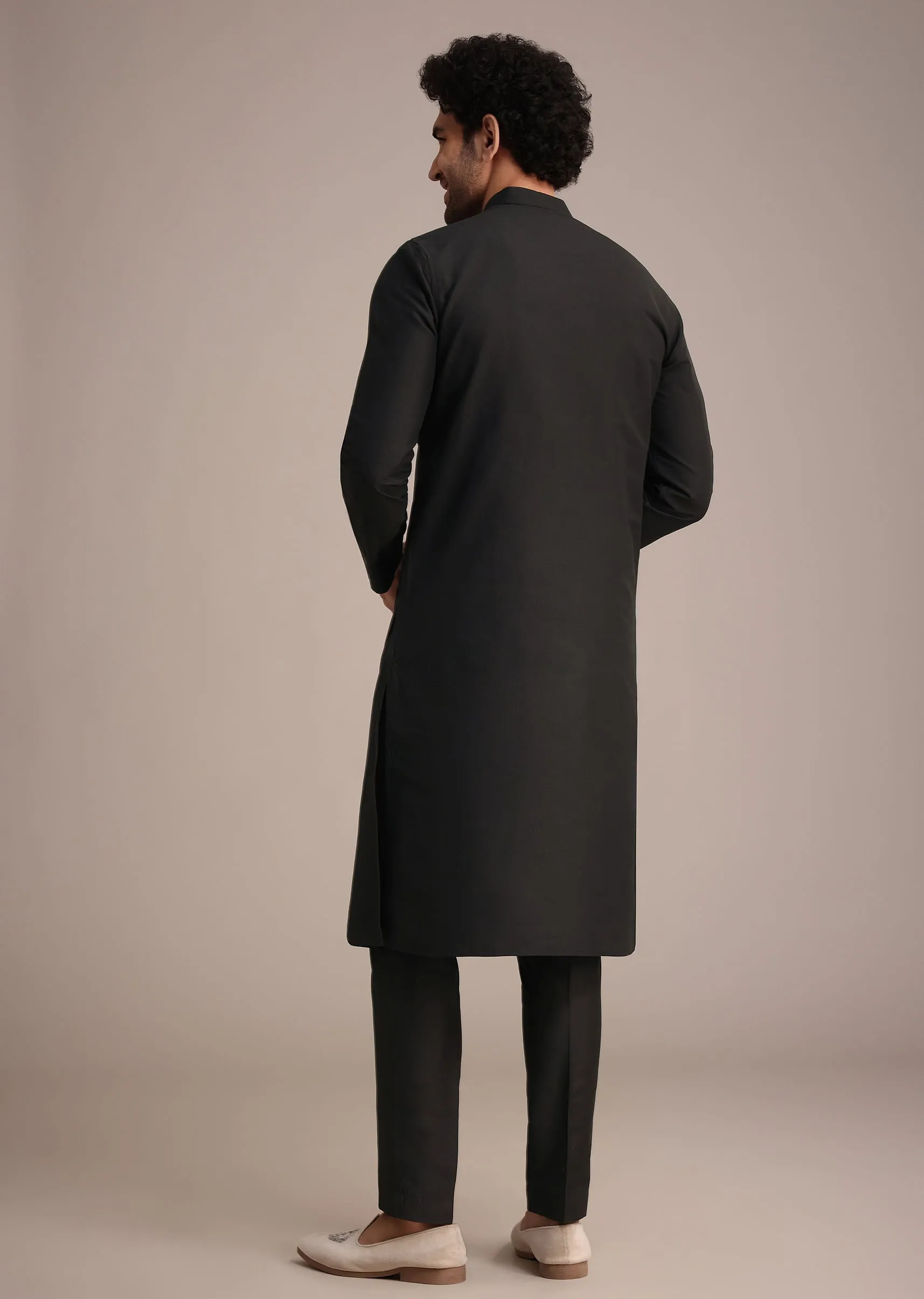 Black Silk Blend Pintuck Kurta Jacket Set