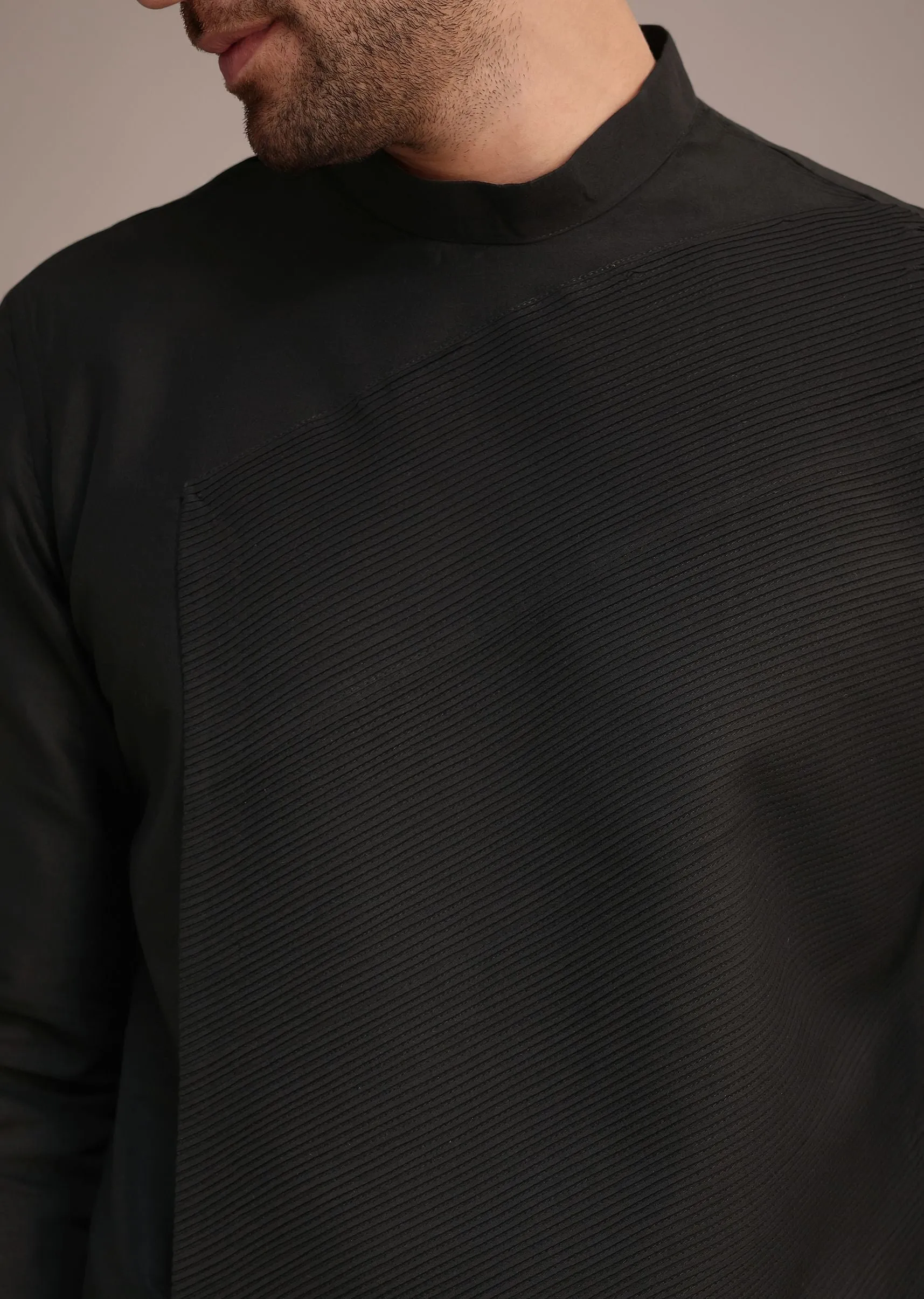 Black Silk Blend Pintuck Kurta Jacket Set