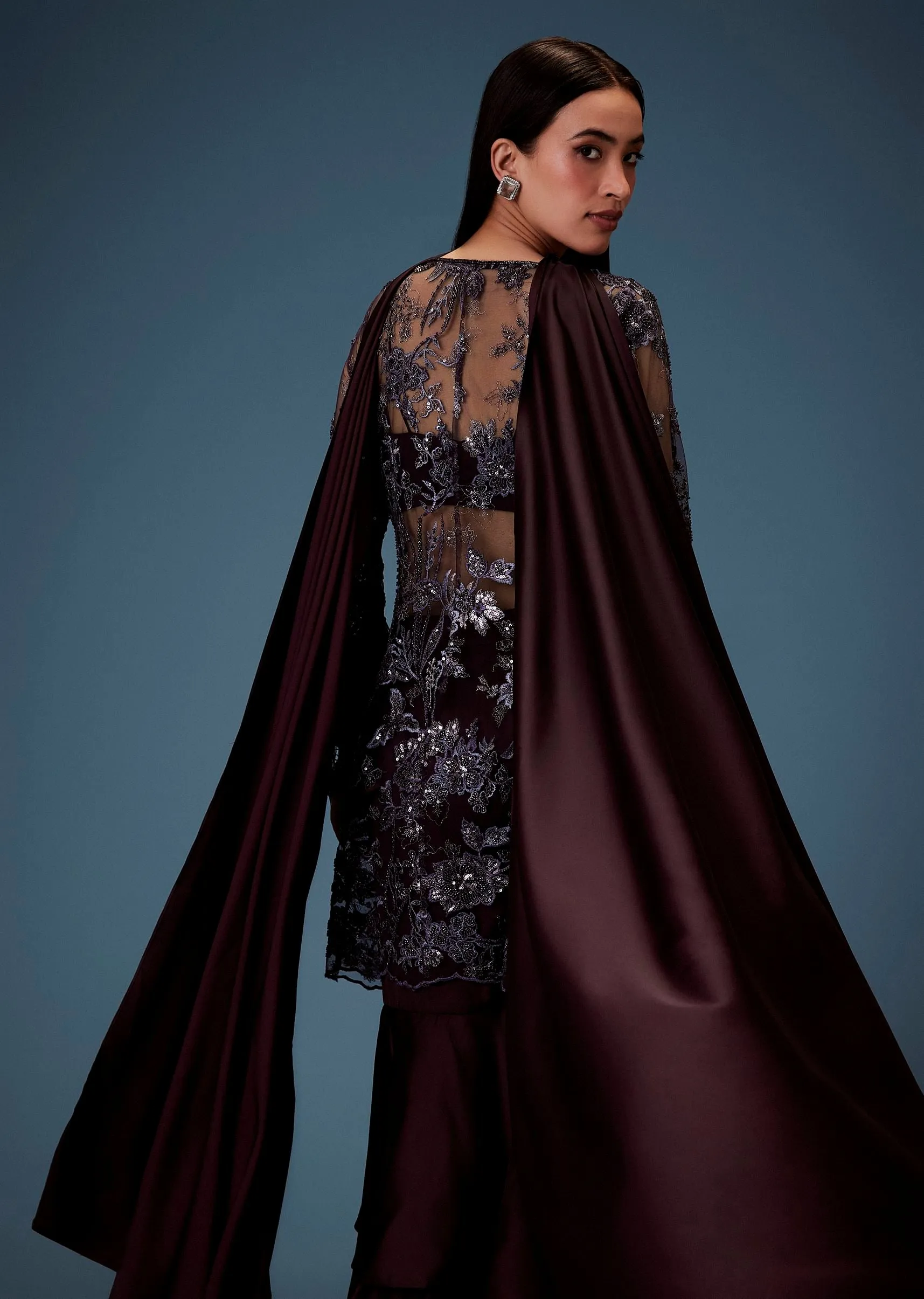 Dark Purple Satin Triple Layered Gathered Sharara With Feather Sleeves Jacket And Bustier