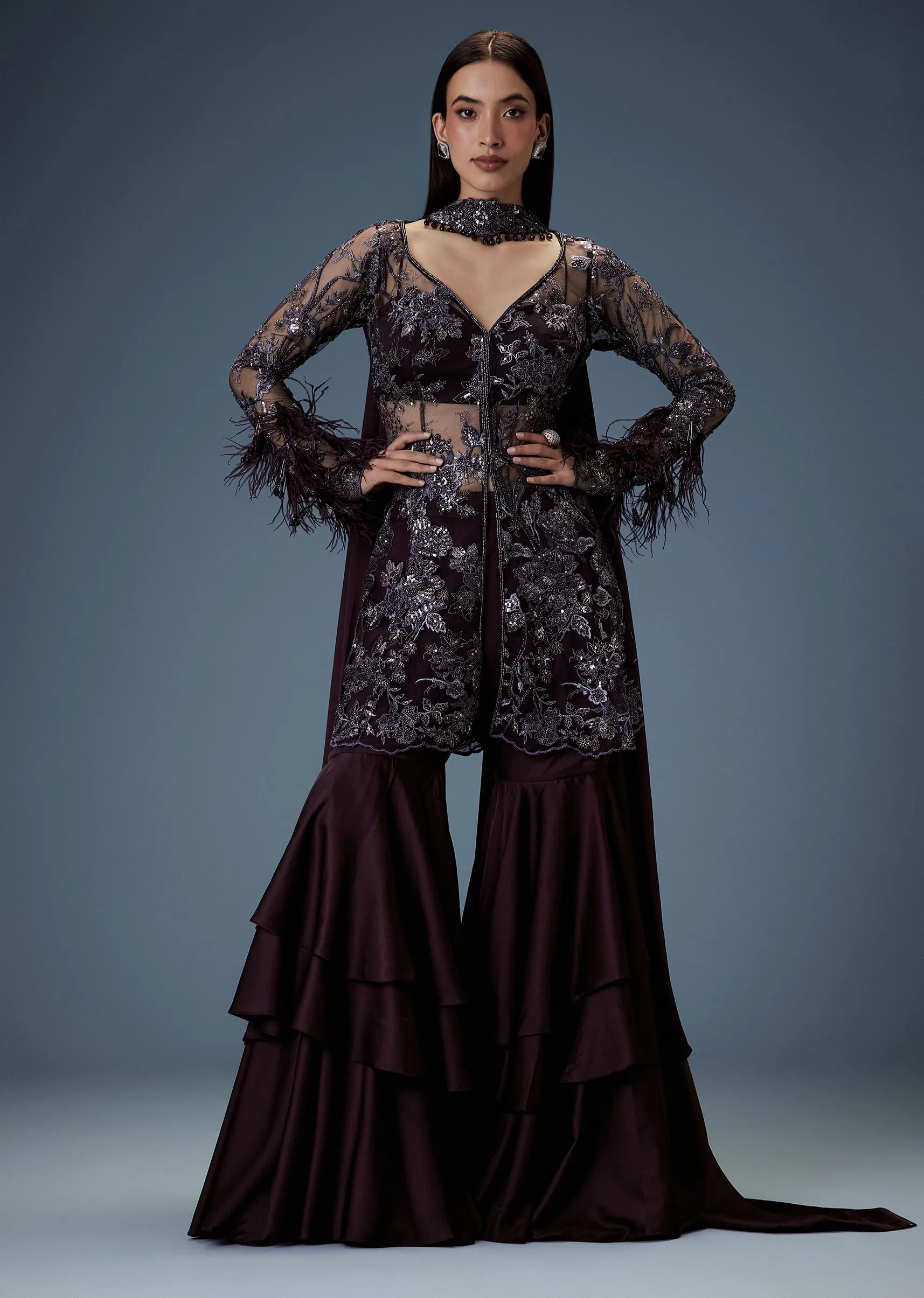 Dark Purple Satin Triple Layered Gathered Sharara With Feather Sleeves Jacket And Bustier