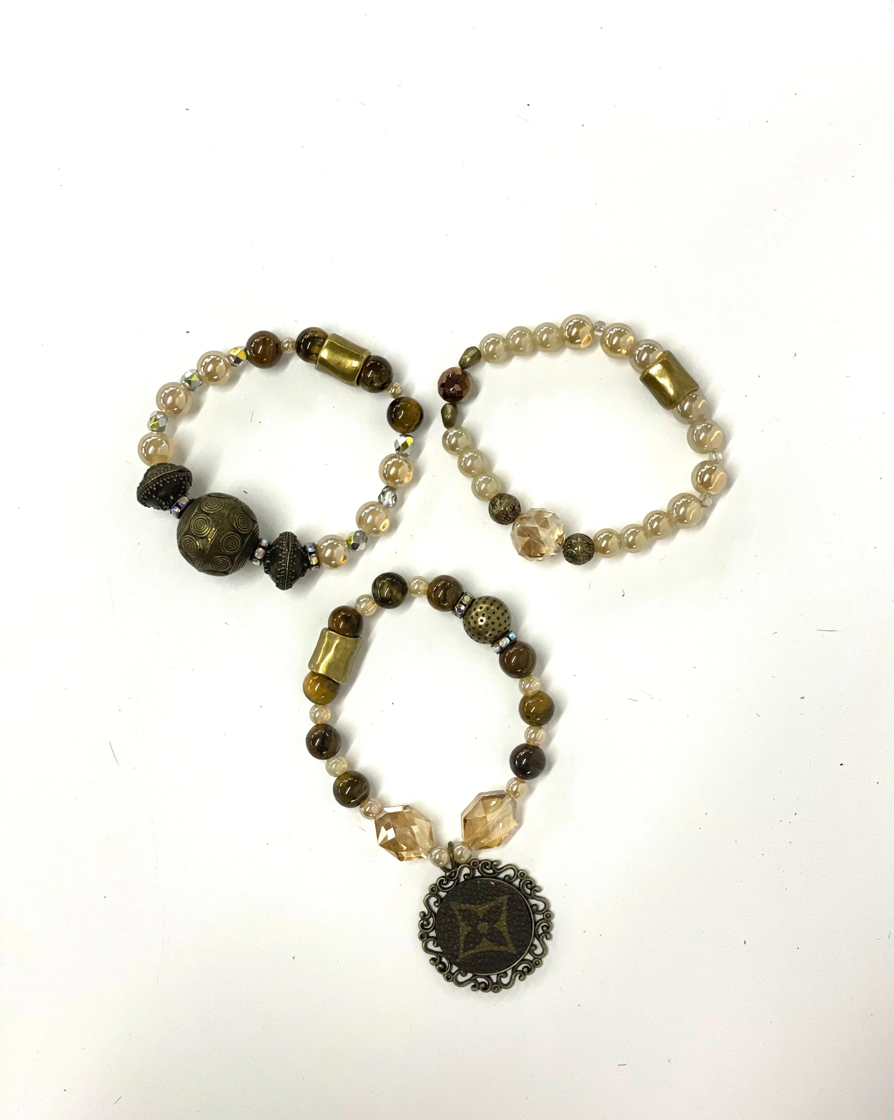 Hand beaded bracelet set nude, brown, large antique beads no pendant