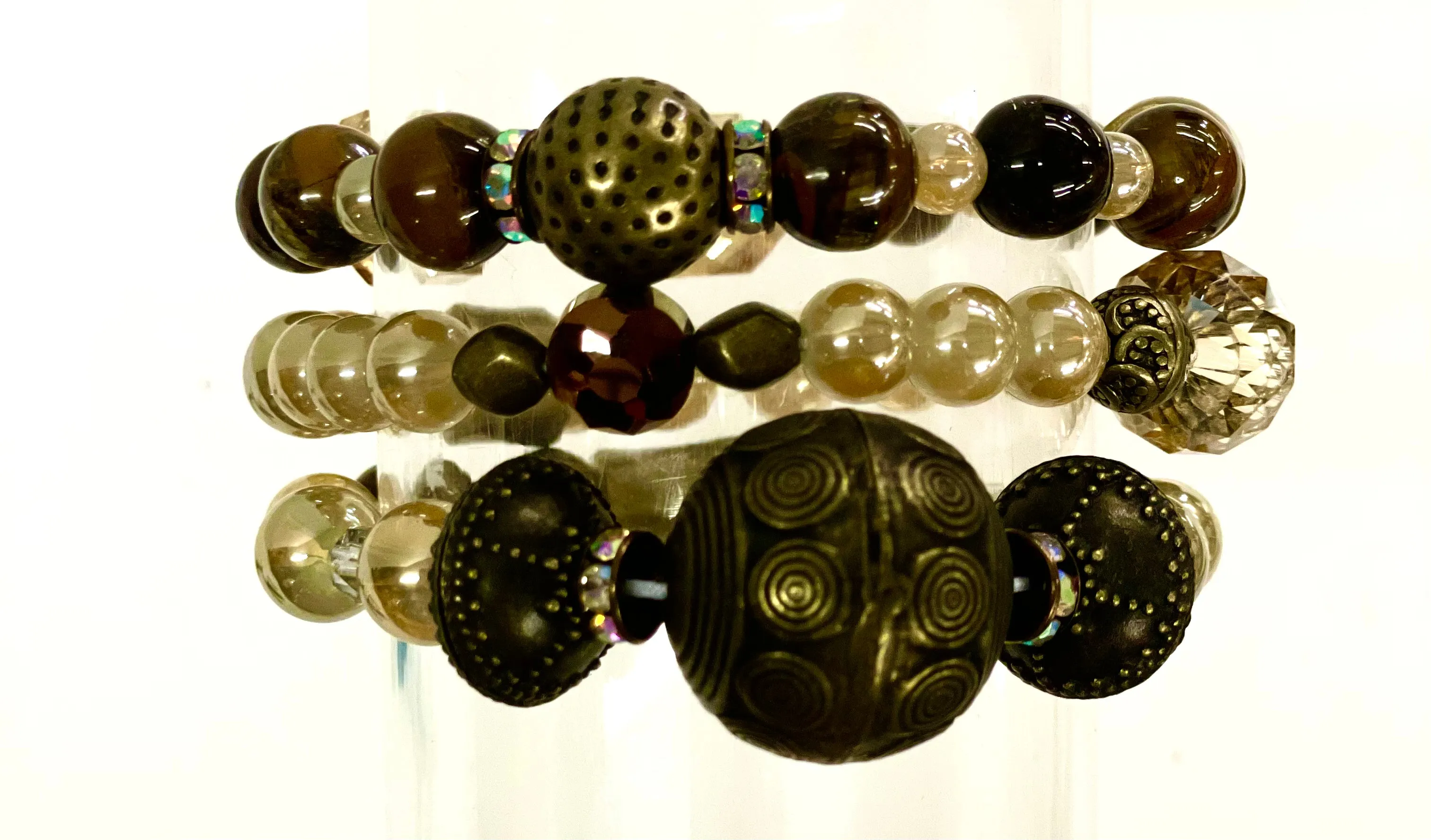 Hand beaded bracelet set nude, brown, large antique beads no pendant