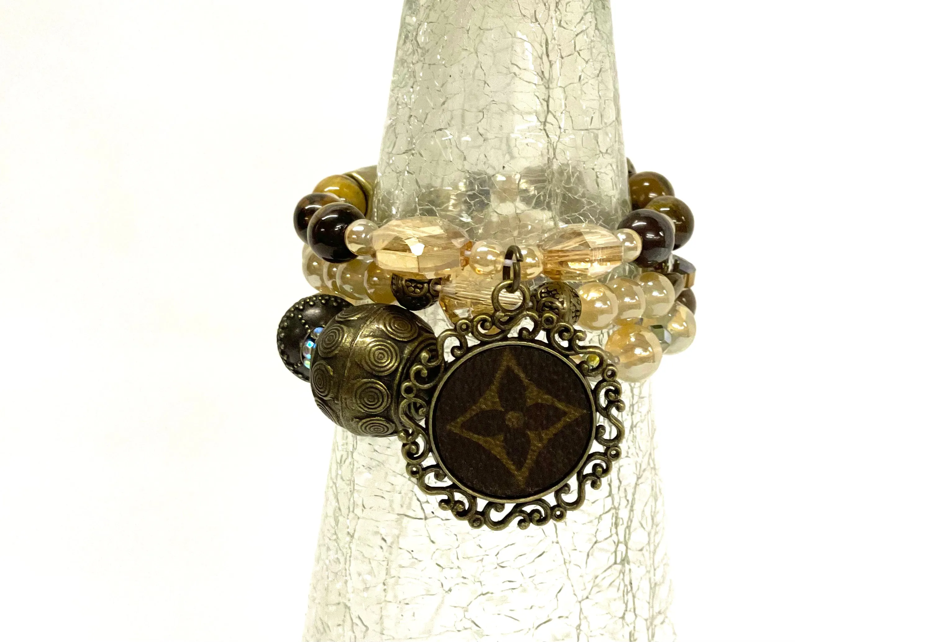 Hand beaded bracelet set nude, brown, large antique beads no pendant