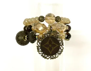 Hand beaded bracelet set nude, brown, large antique beads no pendant