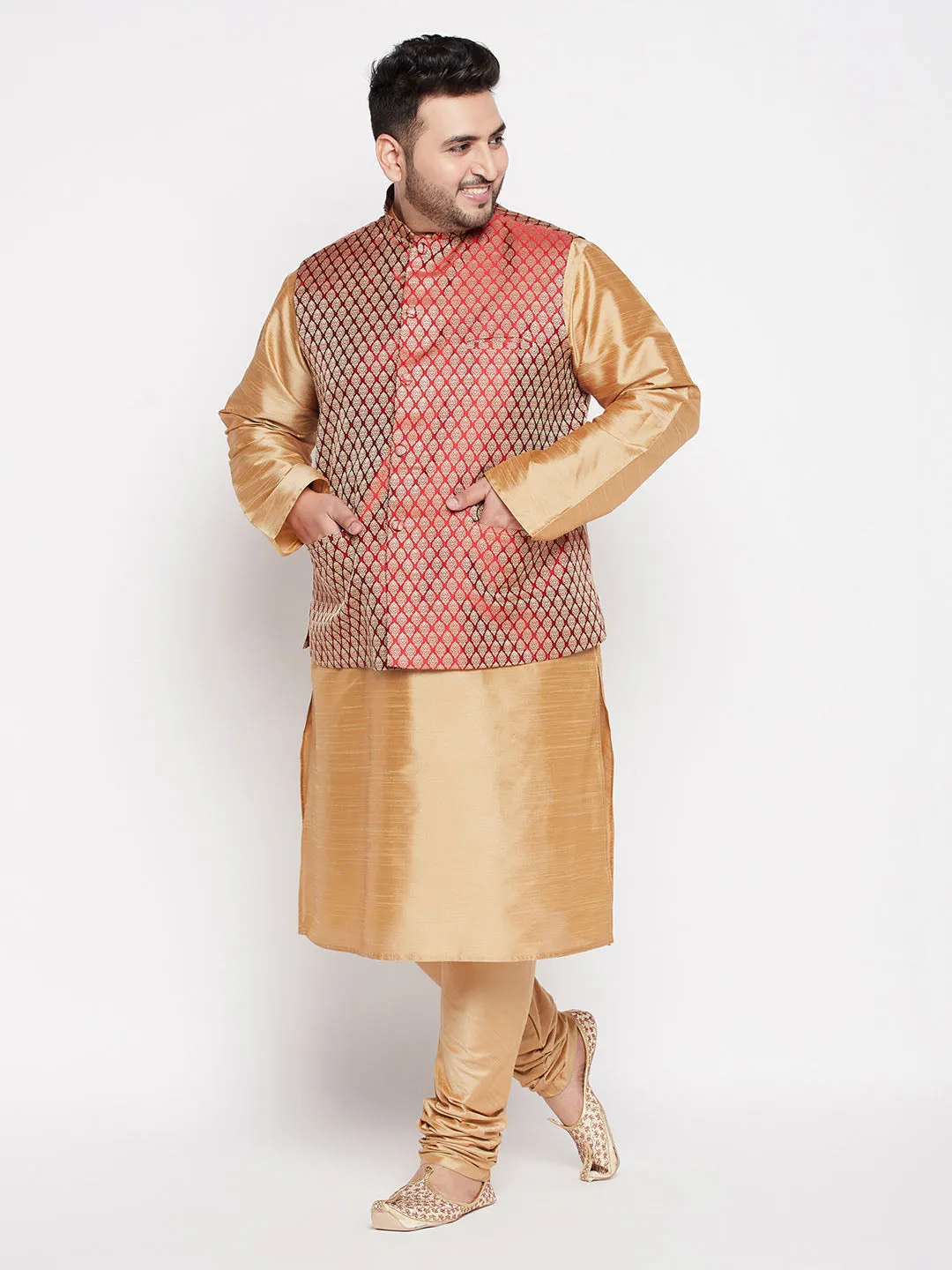 Jashvi PLUS Men's Maroon Nehru Jacket With Rose Gold Kurta And Pyjama Set