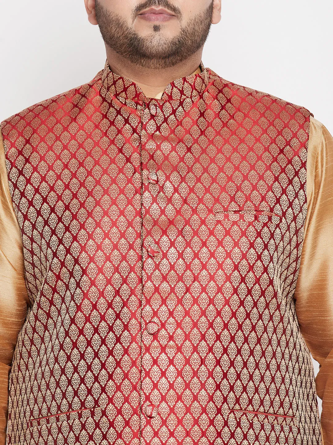 Jashvi PLUS Men's Maroon Nehru Jacket With Rose Gold Kurta And Pyjama Set
