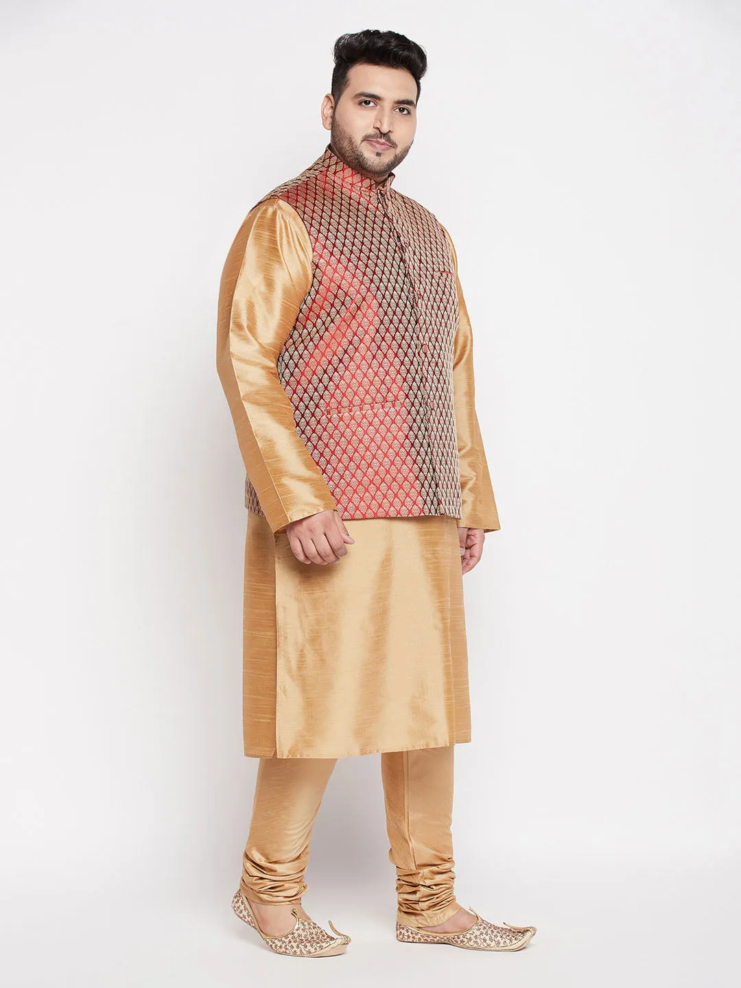 Jashvi PLUS Men's Maroon Nehru Jacket With Rose Gold Kurta And Pyjama Set