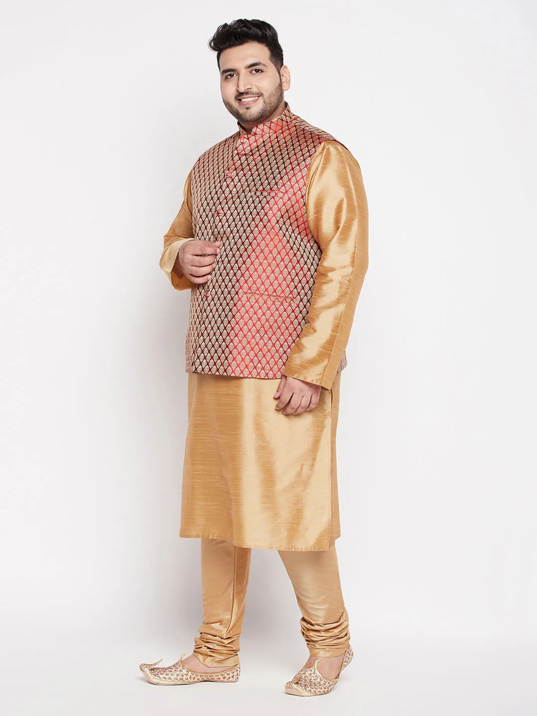 Jashvi PLUS Men's Maroon Nehru Jacket With Rose Gold Kurta And Pyjama Set