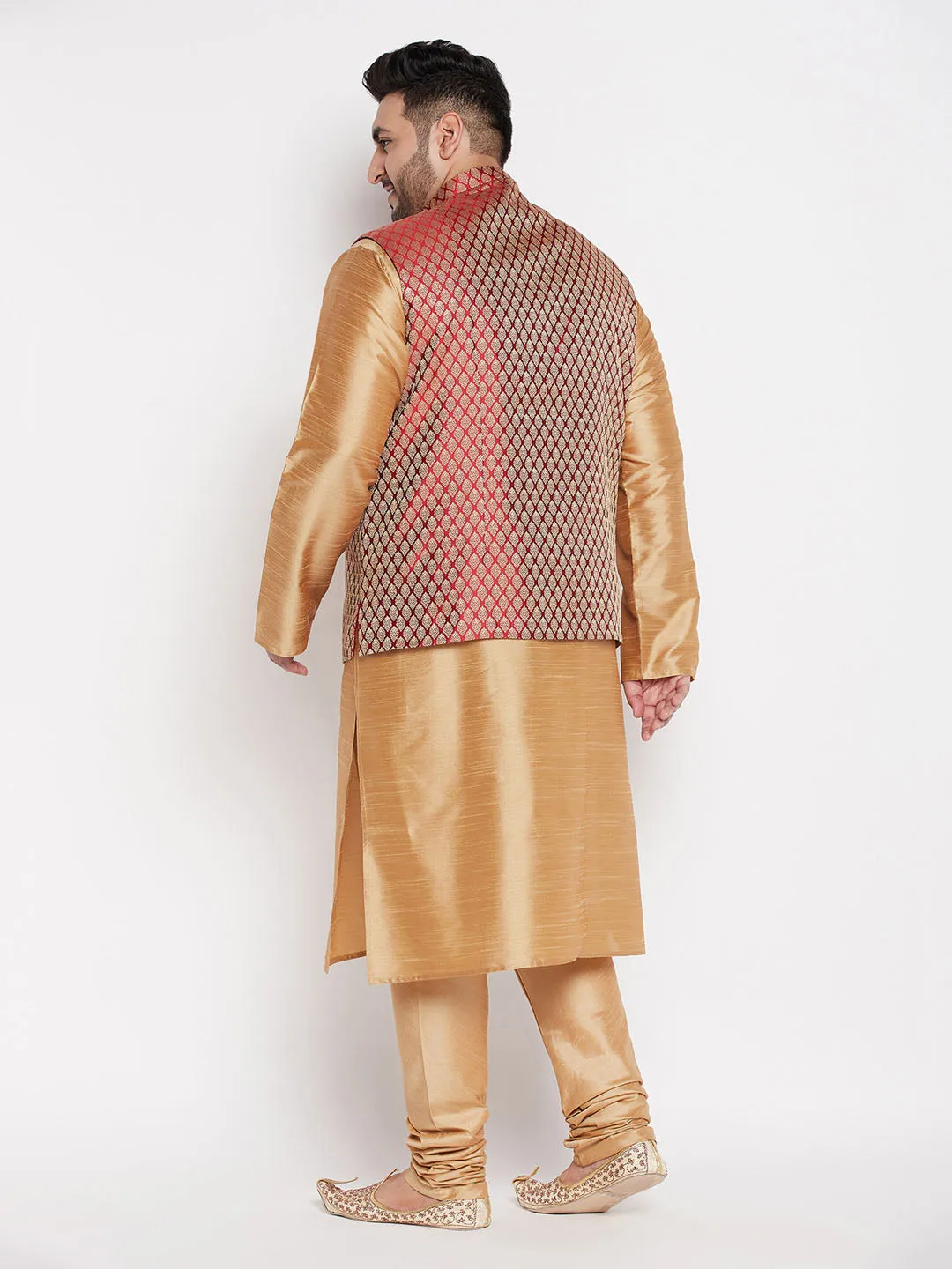 Jashvi PLUS Men's Maroon Nehru Jacket With Rose Gold Kurta And Pyjama Set