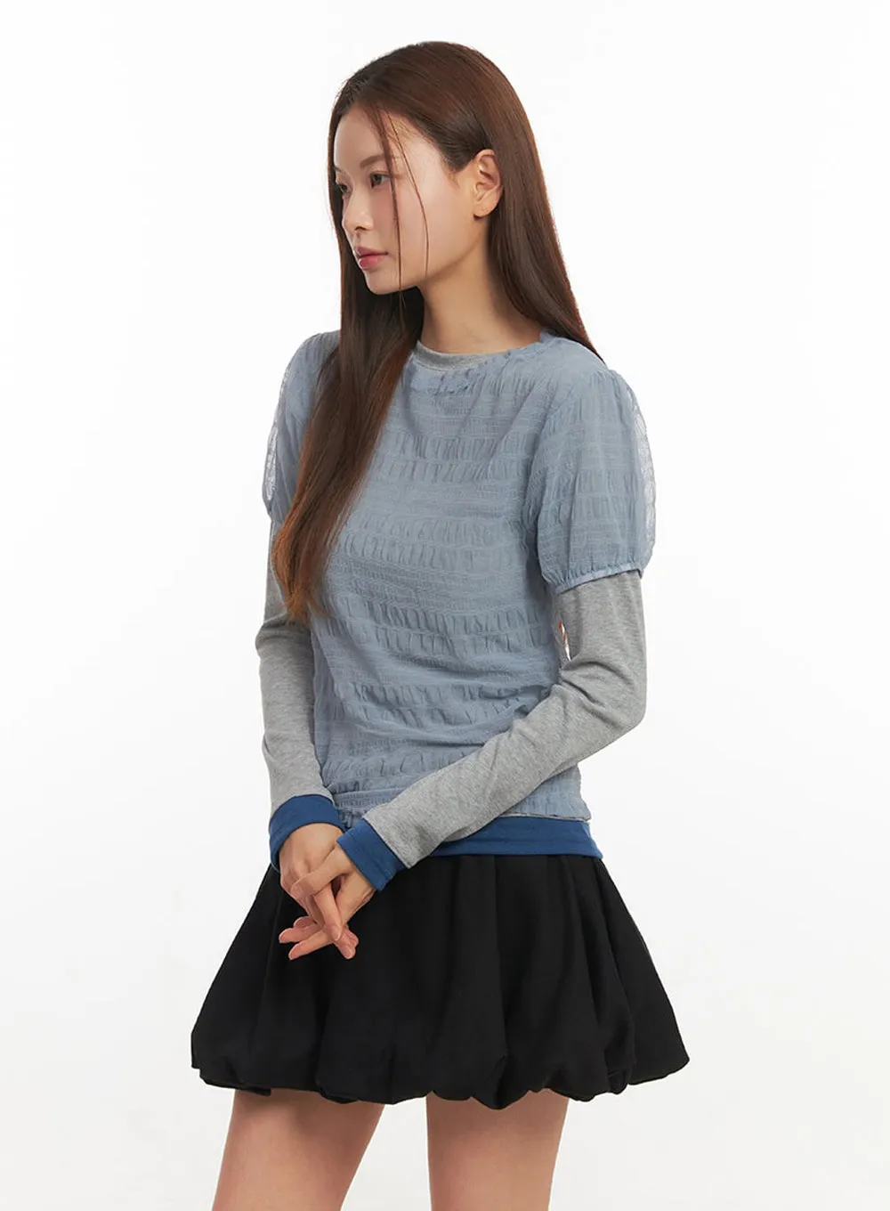 Layered Sheer Puffy Sleeve Top IM513