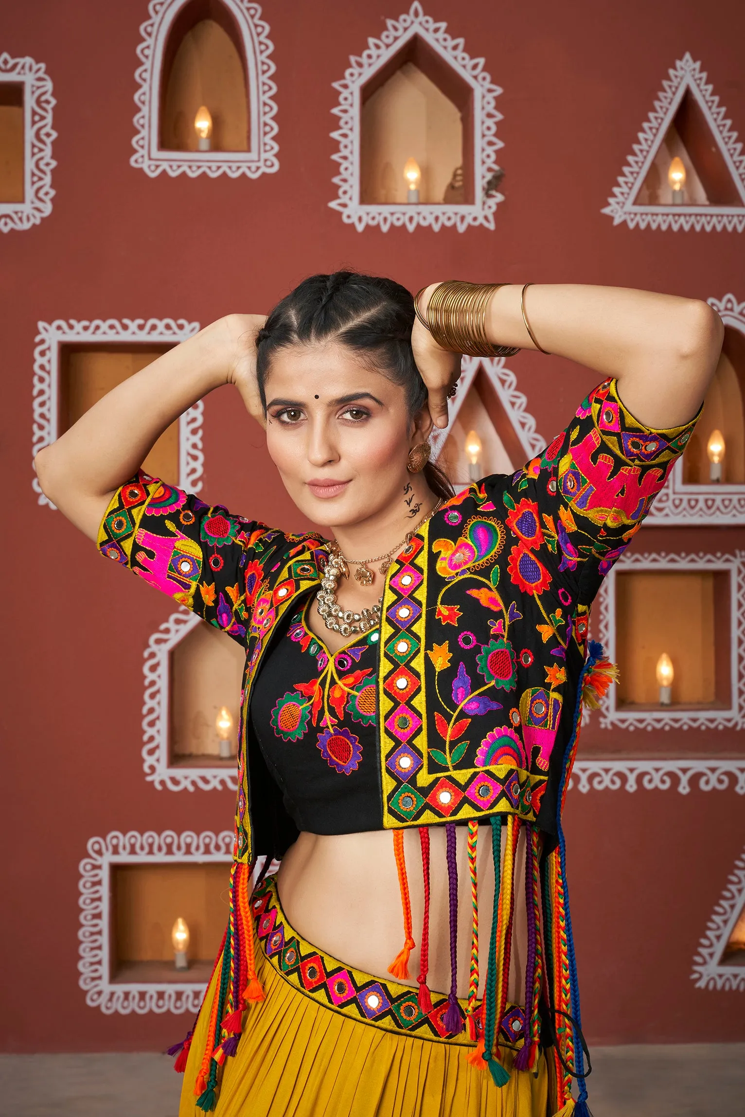 Mustard Yellow & Black Tiered Chaniya Choli with Mirror Work