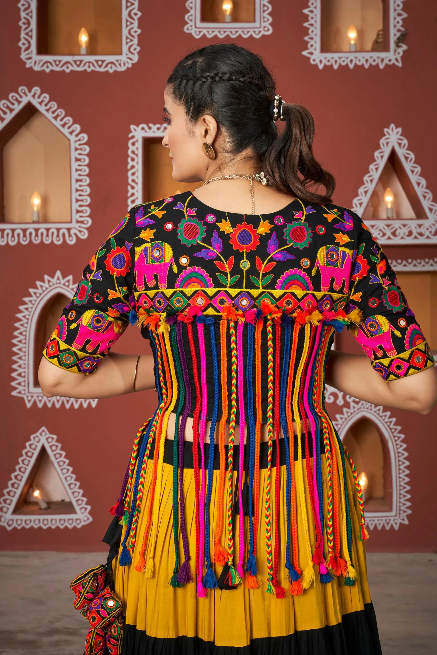 Mustard Yellow & Black Tiered Chaniya Choli with Mirror Work