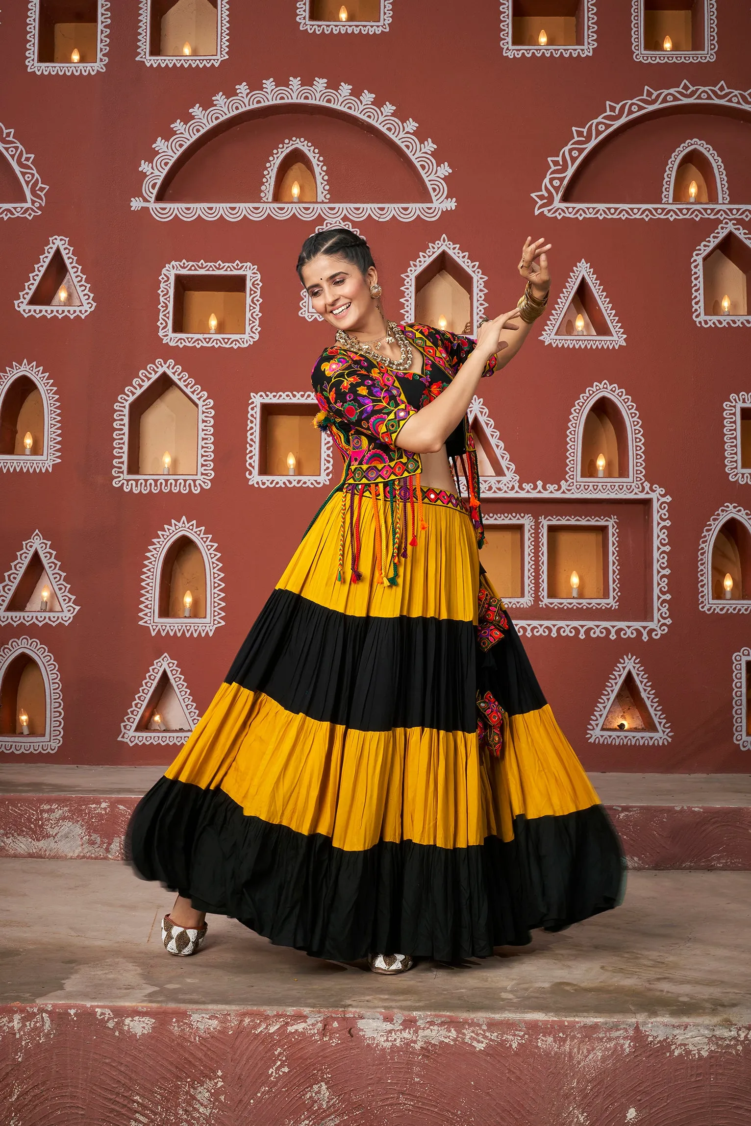 Mustard Yellow & Black Tiered Chaniya Choli with Mirror Work