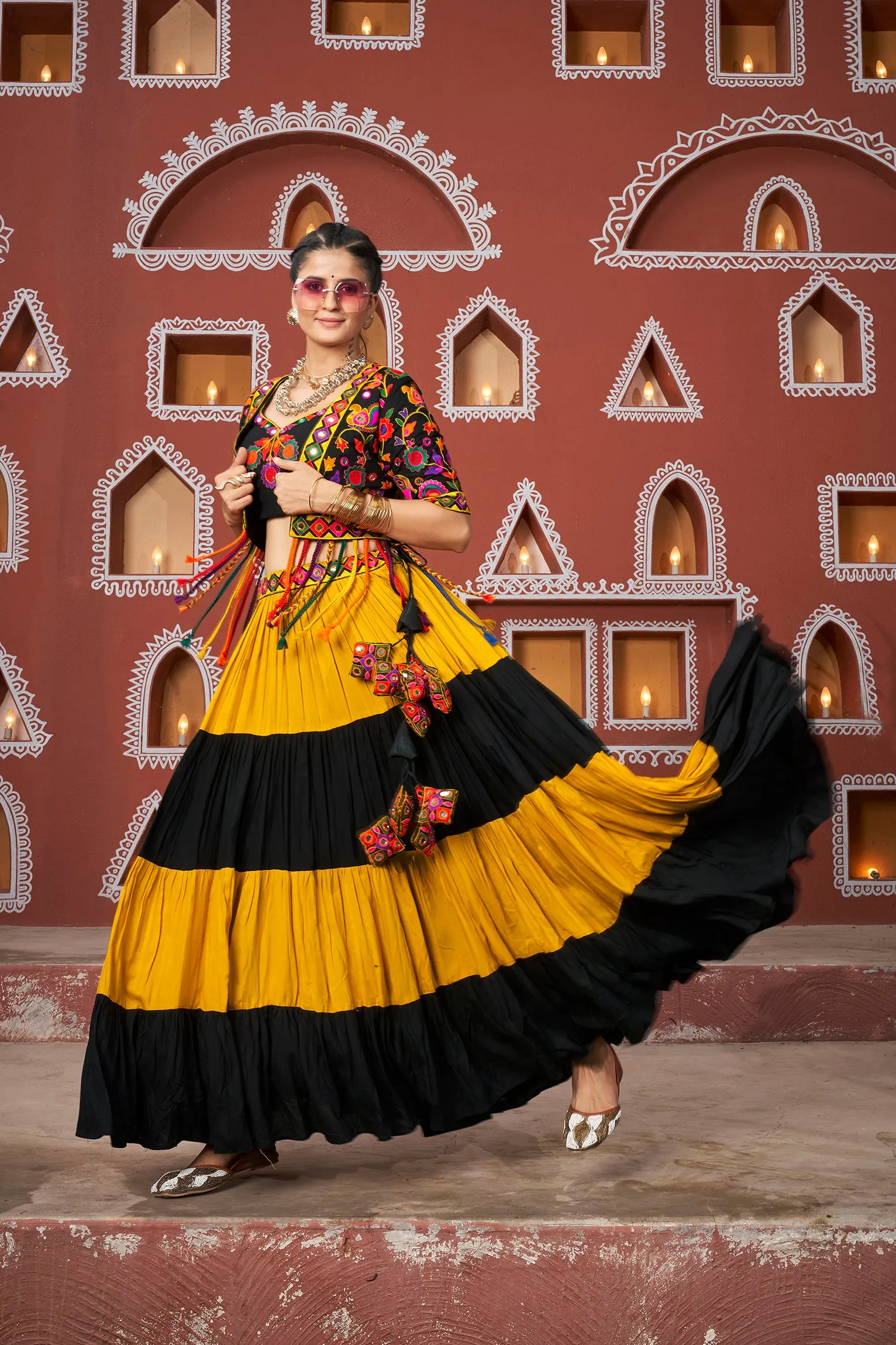 Mustard Yellow & Black Tiered Chaniya Choli with Mirror Work