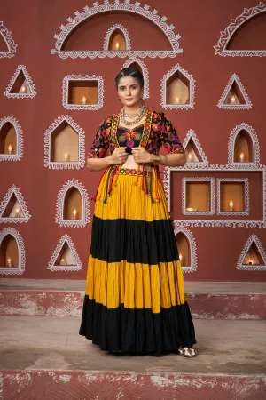 Mustard Yellow & Black Tiered Chaniya Choli with Mirror Work