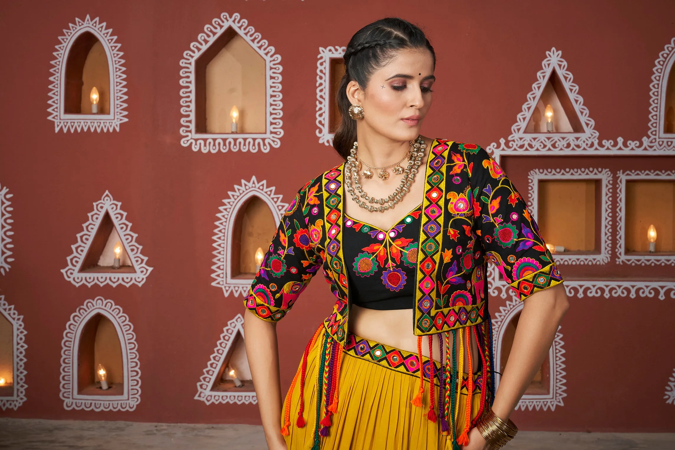 Mustard Yellow & Black Tiered Chaniya Choli with Mirror Work